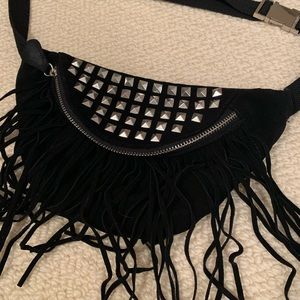 Suede fanny pack with fringe and metal details